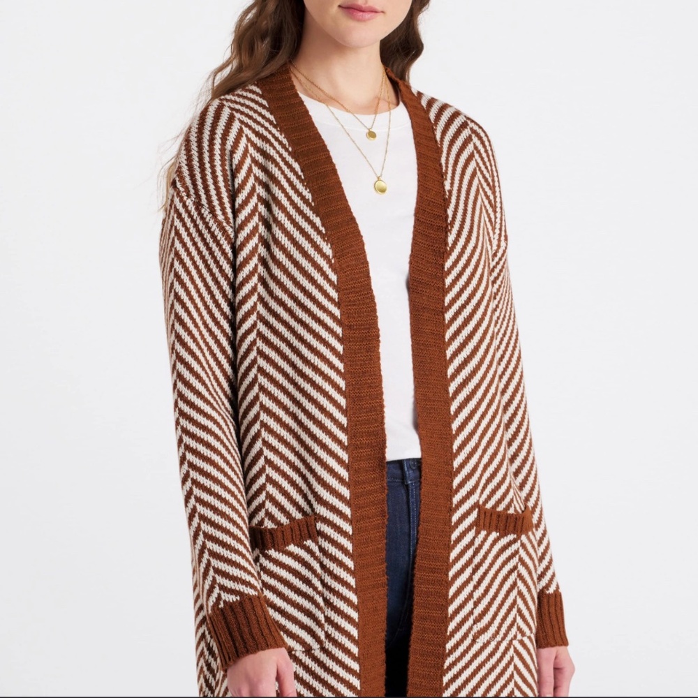 Fortune + Ivy Herringbone Longline Open Cardigan Brown S NWOT